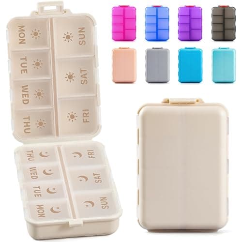 NEW Foldable & Double Protection Portable Weekly Pill Organizer 2 Times A Day with Etched Labels, AM PM 7 Day Week Medicine Box, Daily Travel Pill Case Holder Dispenser for Vitamin, Supplement - Khaki