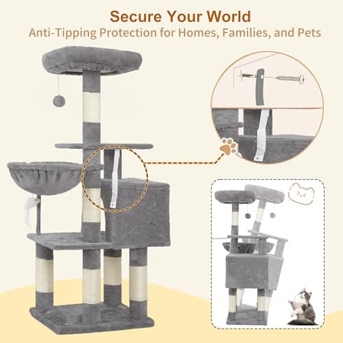 Heybly Cat Tree with Toy, Cat Tower Condo for Indoor Cats, Cat House with Padded Plush Perch, Cozy Hammock and Sisal Scratching Posts, Light Gray HCT004SW 6