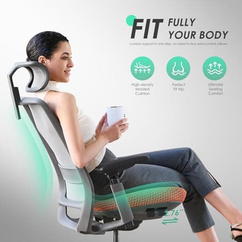 COLAMY Ergonomic Office Chair, Mesh Desk Chair with High Back, Lumbar Support, Adjustable Headrest and 4D Arms, Slide Seat, Tilt Lock-Coral 7