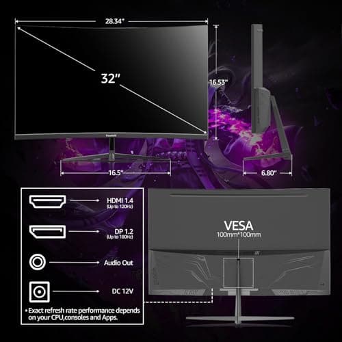 Gawfolk 32 inch Gaming Monitor 1800R Curved Computer Monitors 165HZ / 180HZ PC Monitors VA Screen for Home, Office and Dormitory, FHD 1080P Computer Monitor Support HDMI & DP 6