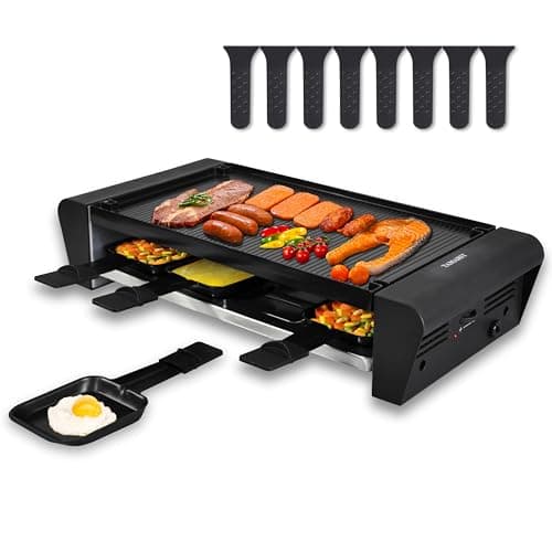 TAMARIT Raclette Table Grill for 8, 2 in 1 Small Swiss Style PFAS-No Nonstick Reversible Grill/Griddle Plate Adjustable Temperature Control 1300 W, 8 Raclette Cheese Pans Black