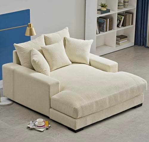 Container Furniture Direct Luxe Upholstered Chaise Lounge Sofa in Soft Corduroy Fabric with Removable Cushions, Oversized Chair for Relaxing in Living Room or Bedroom, 55.1" Wide, Beige 7