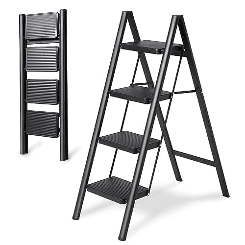 4-Step Folding Ladder, Heavy Duty Ladders for Home & Kitchen, Folding Ladder Easy to Store, Tall Ladder for Adults, Anti-Slip & Space-Saving Step Ladder, 330 Lbs Capacity