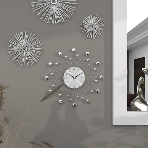 Deco 79 Metal Starburst Decorative Wall Clock With Crystal Accents for Home and Room, 15" x 2" x 15", Silver 9