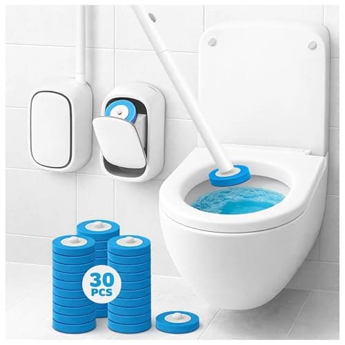 CiLoN Wall-Mounted Disposable Toilet Brush Kit and 30 Fresh Bleach Scrubbing Sponge Pads. Bathroom Space Saving Toilet Wand kit. Toilet Bowl Brush and Holder Set. (Starter Kit + 30 Brush)