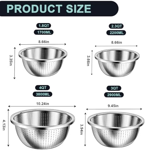 ATPWONZ 4+3 Stainless Steel Colander Set, 4 Sizes (1.8 qt, 2.3 qt, 3 qt, 4 qt) with 1 Mesh Strainer + 2 10-inch Stainless Steel Round Plates, for Washing Rice, Fruits, Vegetables, Draining Pasta, Meat 2