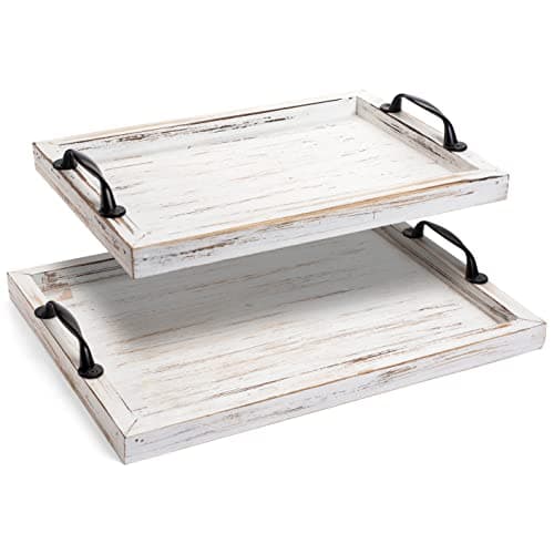 Rustic Serving Tray with Handles - 2 Nesting Trays for Serving Food - Wooden Tray for Decor, Coffee Table & Ottoman - Large Serving Tray with Distressed White Finish to Complement Any Decor