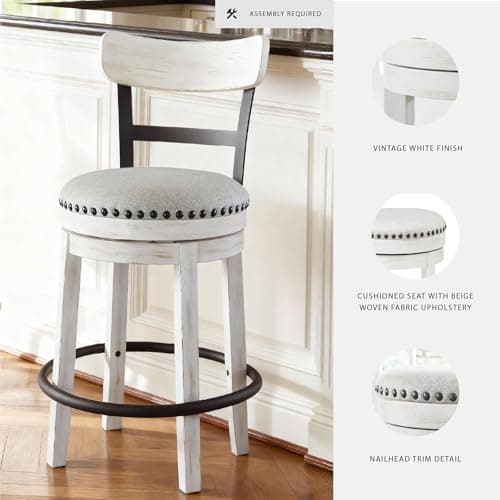 Signature Design by Ashley Valebeck Barstool, Rustic-Industrial Counter Height Chair, 360° Swivel, Wood & Metal Frame, Cushioned Seat, Ideal for Kitchen Island with Seating, Vintage White 4