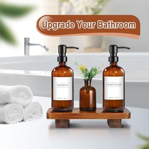 Kitchen Soap Dispenser Set with Wood Riser Tray, Amber Glass Soap Dispenser with Stainless Steel Pump, Hand and Dish Soap Dispenser Set for Kitchen, Soap and Lotion Dispenser Bathroom Decor(Amber) 6