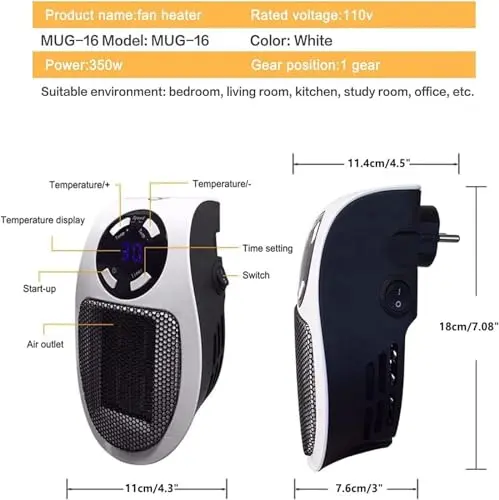 450W Mini Space Heater With Temperature Detection, Remote Wall Outlet Electric Space Heater as Seen on TV with Adjustable Thermostat and Timer and Led Display, Compact for Office Room RV (Smart-White) 8