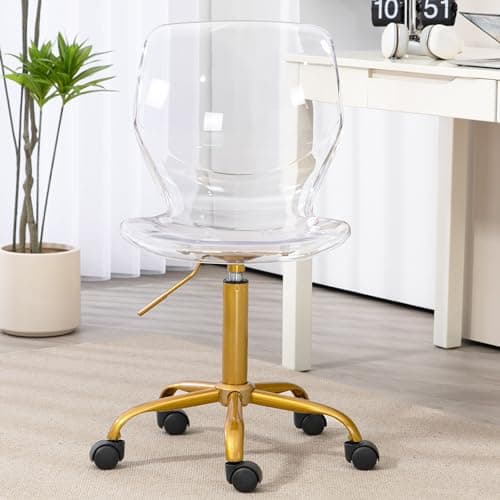 Villeston Acrylic Clear Desk Chair, Modern Small Cute Armless Vanity Rolling Plastic Chair Home Office Lucite Ghost Curved Chairs Padded with Golden Legs and Adjustable Height, Gold