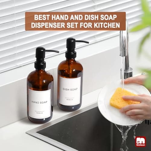 GMISUN Amber Glass Soap Dispenser, 2 Pack Bathroom Hand Soap Dispensers with Stainless Steel Pump, 17 Fl Oz Kitchen Hand and Dish Soap Dispenser Set, Modern Vintage Liquid Brown Soap Dispensers Bottle 7