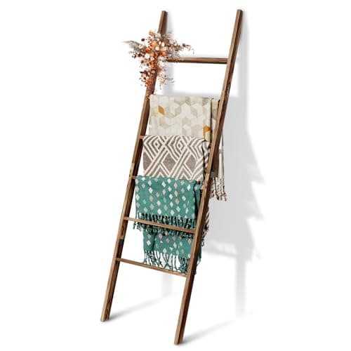 6-Tier Blanket Ladder Wooden, 5.7FT(66.5'') Blanket Quilt Towel Holder Rack Decorative Ladder, Easy Assembly, Rustic Farmhouse Ladder Shelf for The Living Room Bedroom Bathroom Home Decor, Brown