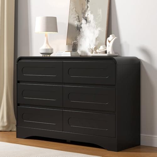Black Dresser, Modern 6 Drawers Dressers & Chest of Drawers with Pre-installed Slide&Curved Profile Design, 47" Wide Wood Closet Clothes Storage Dressers Organizer for Bedroom Living Room Hallway