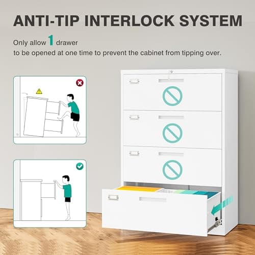 4 Drawer Lateral File Cabinet with Lock,White Lateral Filing Cabinet,Horizontal Metal Filing Cabinet,Locked Wide Four Drawer File Cabinet for Office Home,Fit A4/F4/Letter/Legal File,-Assembly Required 7