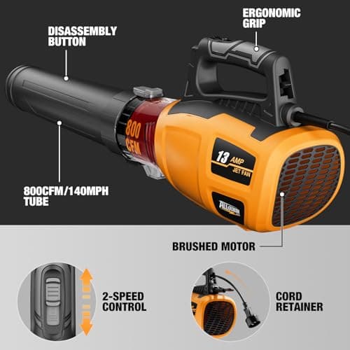 ALLOYMAN 13AMP Corded Electric Leaf Blower, 800CFM 140MPH Powerful Plug-in Blower, Lightweight & Portable Electric Leaf Blower for Lawn Care, Patio Cleaning, Yard Dust & Fallen Leaves 7