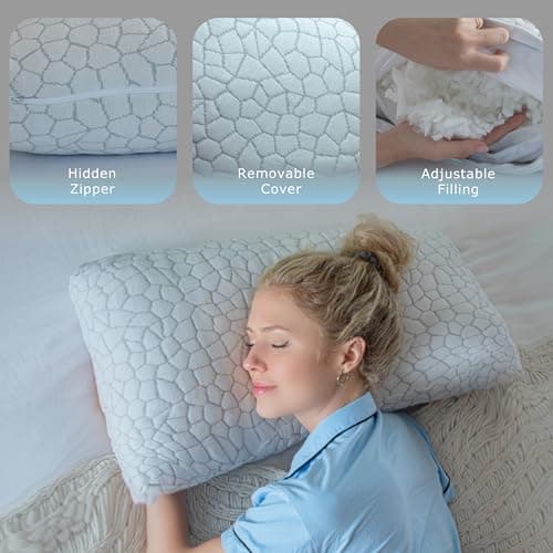 Pharmedoc Adjustable Shredded Memory Foam Bed Pillow - Perfect for Side Sleeper - Rectangular - Neck Support for Pain Relief - Queen Size - Extra Filling Pack 6