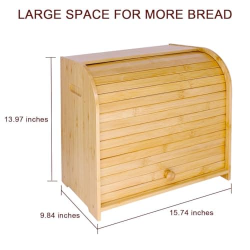 WRONWA Natural Bamboo Bread Box for Kitchen Countertop, Double Layer Roll Top Bread box, Large Wooden Breadbox for Homemade Bread 7