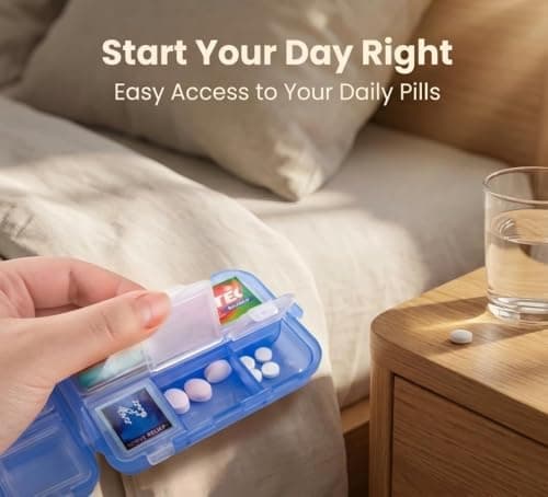 Pill Organizer with Medicine Labels Travel Daily Pill Container Mini Medication Organizer Storage Pill Organizer Travel Essentials Pill Case 7 Day (Pink & 161 Lables) 7