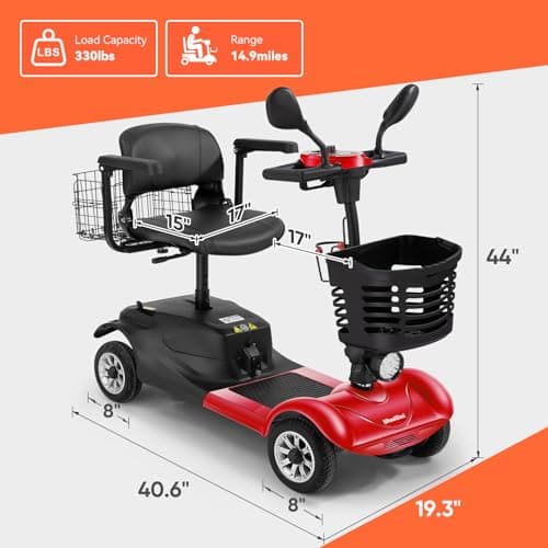 WheelWavi 4 Wheel Compact Mobility Scooter for Seniors and Adults,Foldable Electric Scooter, Heavy Duty Travel Model with Lights, Basket, and Long-Lasting Battery (Red) 9