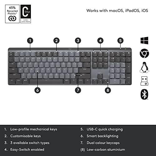 Logitech MX Mechanical Wireless Illuminated Performance Keyboard, Clicky Switches, Backlit Keys, Bluetooth, USB-C, macOS, Windows, Linux, iOS, Android (Renewed) 7