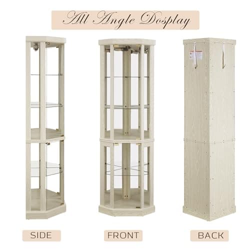 CKEASEAN Corner Curio Cabinet, 70" H Lighted Glass Display Cage with Tempered Glass Doors and 5 Adjustable Shelves, Light Bulb Inclued, Wine Bar China Cabinet for Living Room (White) 7
