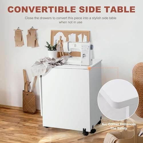 Vividwood Folding Sewing Table, Multipurpose Sewing Machine Table with Compact Design, Wheels, Shelves, Bins, Pegs, Magnetic Locks (White) 6