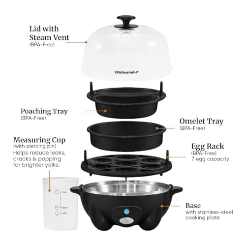 Elite Gourmet EGC-007B# Rapid Egg Cooker, 7 Easy-To-Peel, Hard, Medium, Soft Boiled Eggs, Poacher, Omelet Maker, Auto Shut-Off, Alarm, 16-Recipe Booklet, Black 6