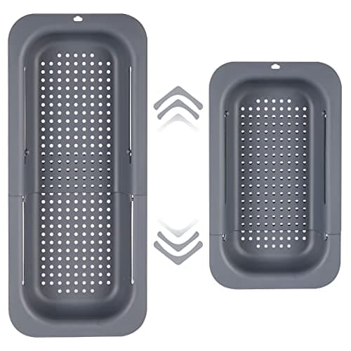 Kitchen Sink Colander, Extendable Strainer Basket Over the Sink for Wash Vegetables and Fruits, Drain Cooked Pasta and Dry Dishes 13.6"-18.9"L x 7.9"W x 2.6"H - Deepgray