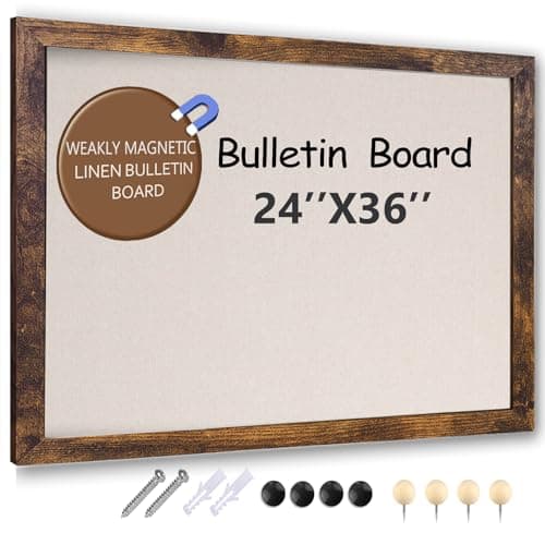 Large Magnetic Bulletin Board 36 x 24 Inch for Wall,Rustic Framed Cork Board with Linen for Home Office School,with 4 Push pins, 4 Magnets