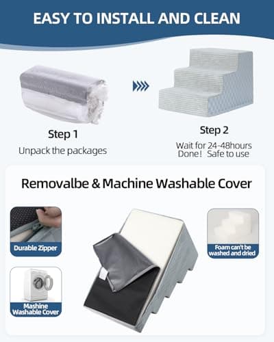 Vfrog Dog Stairs for Small Dogs,17.5" H,4-Step Dog Steps Ramp for Bed and Couch with High Density Foam,Non-Slip Pet Steps for Dogs and Cats,Pet Stairs with a Washable Cover,Grey 6