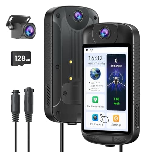 USHJNV Motorcycle Sport Camera, 3 Channel 4k+4k+1080P Waterproof Dash Cam Front, Middle and Rear, Night Vision, 510° View (WDR/HDR), Tilt Angle Tracking, 0-100km Acceleration,G-Sensor, Parking Mode