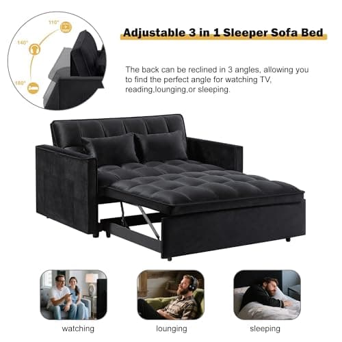 Trygoal Convertible Sofa Bed, Pull Out Sofa Bed with Adjustable Backrest, 3 in 1 Velvet Fabric Loveseat Sleeper Sofa Bed Couch with Side Pockets for Living Room, Bedroom, Apartment, Black 7