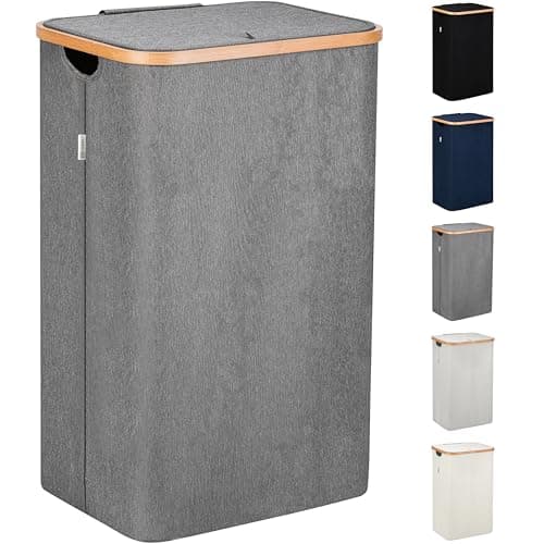 LONBET Laundry Basket with Lid, Made from Breathable Fabric | Aesthetic Clothes Hampers for Laundry with Side Handles & Sturdy Bamboo Frame (26 Gallons - Single, Gray)