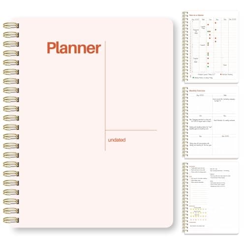 Undated Weekly Planner, 8.5x11” – Dashboard Layout with Yearly Review, Monthly Calendars, & Weekly To Do List, Spiral Bound Organizer for Work, Study & Life (Blush White)