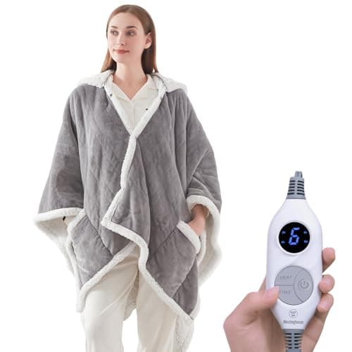 Westinghouse Wearable Heated Throw Blanket, Electric Heated Wrap Poncho Shawl with Pockets, 6 Heating Levels & 2 to 10 Hours Time Settings, 50 x 60 Inch, Light Grey