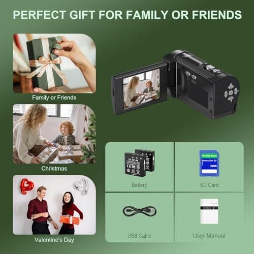 Gcasio 2.7K Video Camera Camcorder QHD 50MP YouTube Vlogging Camera 16X Digital Zoom Webcam 270 Degree Rotation Screen Camcorders with 32G SD Card and 2 Batteries Recording While Charging 7