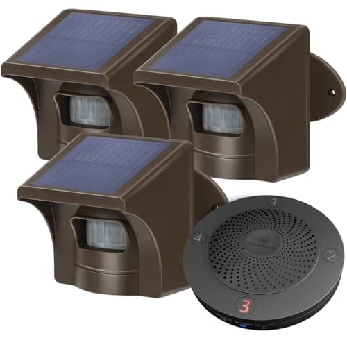 eMACROS Solar Wireless Driveway Alarm System (1/2 Mile Range, 1 Receiver & 3 Solar Sensors) - Weatherproof Outdoor Motion Detector for Farm, Long Driveway & Property Security