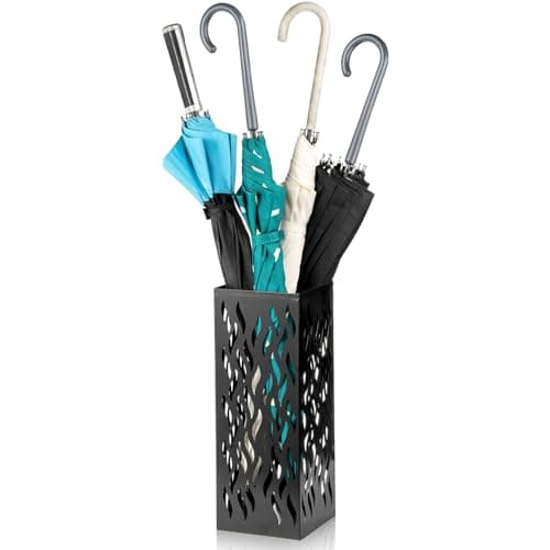 Noamus Metal Umbrella Holder, Heavy Square Canes Walking Sticks Stand Rack, Freestanding Rain Collection Umbrella Organizer, Black Umbrella Storage Bin for Entryway, Home, Office, 6.1"x6.1"x15.7"