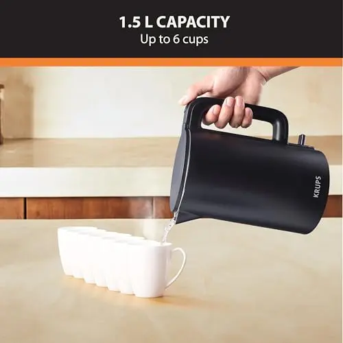 KRUPS 1.5L Electric Kettle Stainless Steel Cool Touch Interior, Fast Boiling, One Cup in 80 Seconds, Double Wall, Auto Off, Keep Warm, Hot Water Kettle Electric, Cordless, Black/White 6