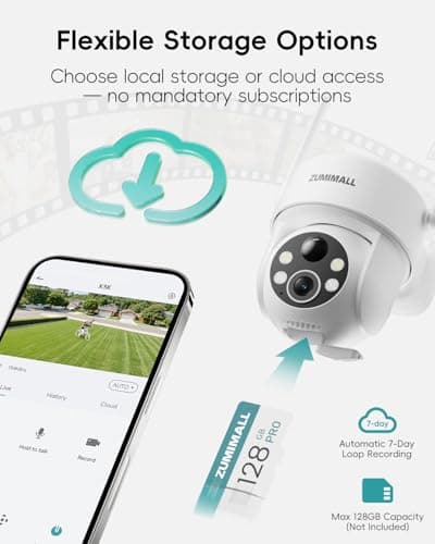 ZUMIMALL 2K Solar Security Cameras Wireless Outdoor, 360° PTZ Camera for Home Security with Color Night Vision, Flexible Mount, PIR Motion, 2-Way Talk, Free Cloud Storage 8