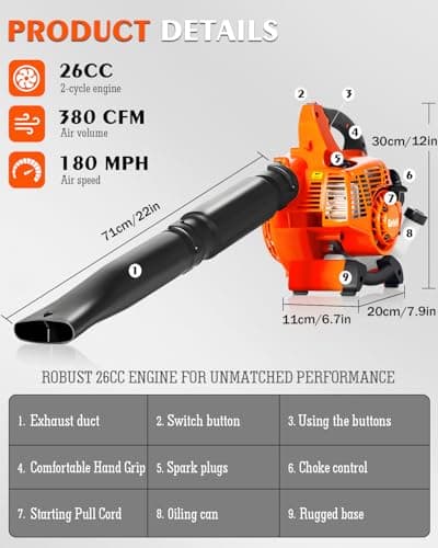 Getell Handheld Gas Leaf Blower – 26cc 2-Cycle Engine, 180 MPH, 380 CFM – Gas Powered Blower for Lawn Care, Leaf Cleanup, Driveways, and Light Snow Removal (Orange) 6