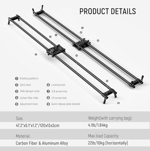 NEEWER 47.2in/120cm Carbon Fiber Camera Slider, Dolly Rail Track with Thicker Tube and More Stable Support, 4 Precise Smooth Bearings and Levelling for DSLR Camera Camcorder, Max Load 22lb, CS120CM 8