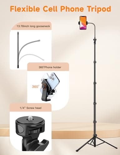 Phone Tripod, 86" Tall Tripod for iPhone with Flexible Gooseneck & Remote, Portable Aluminum Cellphone Stand for Selfies, Video Recording,Travel, Compatible with iPhone Android 7