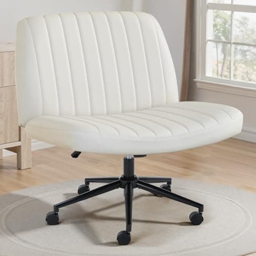 OLIXIS Criss Cross Chair with Wheels Wide Cross Legged Office Desk Vanity Chair Comfy Fabric Armless Adjustable Swivel for Home Computer Task PU Beige