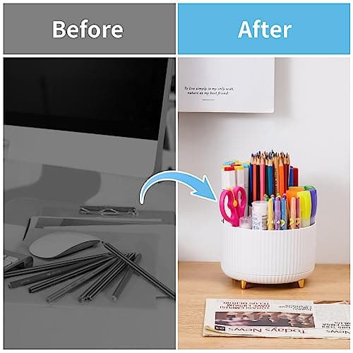 Marbrasse Desk Organizer, 360-Degree Rotating Pen Holder, Desk Organizers and Accessories with 5 Compartments Pencil Holder, Art Supply Storage Box Caddy for Office, Home（White） 7