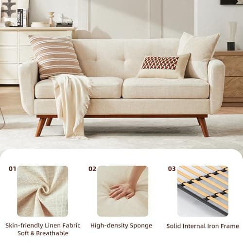 Kingfun 65.2" W Loveseat Sofa, Mid Century Modern Decor Love Seat Couches for Living Room, Button Tufted Upholstered Furniture, Solid & Easy to Install Small Couch for Bedroom Office Apartment, Beige 9