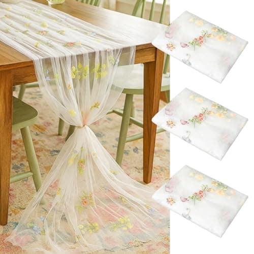 Lounsweer 3 Pcs Wildflower Table Runner 10ft/ 29 Inch x 120 Inch White Embroidery Wildflower Spring Summer Tulle Lace Runner for Table Wedding Bridal Baby Shower Holiday Dining Decor DIY