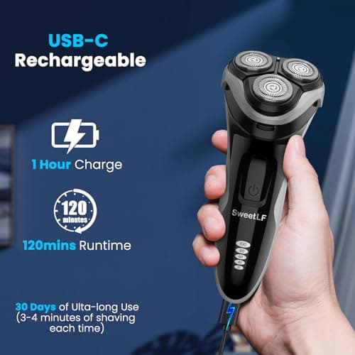 SweetLF Electric Razor for Men, 120 Min Shaving, (1H Charging),100% Waterproof, Wet & Dry Rotary Electric Shaver with Pop-up Trimmer,Type-C Rechargeable Cordless Shavers for Men 5