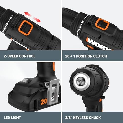 Worx 20V Cordless Drill Driver, 84pc Accessory Kit, Variable 2-Speed, 265 In-Lbs Torque, 20+1 Clutch, Lightweight, Compact, 3/8-Inch Keyless Chuck - Battery & Charger Included 5
